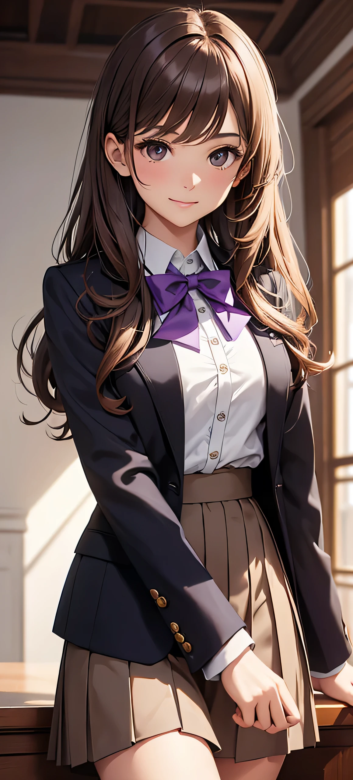 (best quality), (masterpiece), (high resolution), (Intricate details:0.2),(Professional lighting), classroom, Detailed background, Half-length photo, (Previous View), 1 Girl, Solitary, (Pretty Face:1.40), Chestnut Brown Wavy Hair,Brown eyes,Suit school uniform jacket,Purple skirt,Purple bow tie,Black Silk,slim, Delicate skin, Smile,Gentle and intellectual,Good shape,Student uniform student,View in the viewer