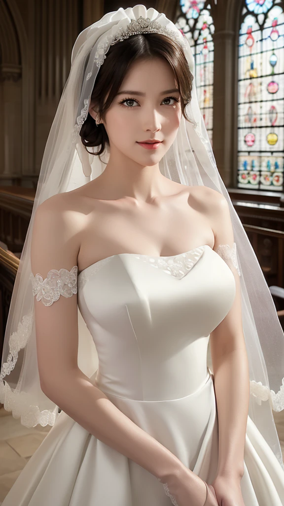 (masterpiece:1.2, Highest quality, Ultra-high resolution, Super detailed), (Realistic, photoRealistic:1.4), Beautiful illustrations, (Natural Side Lighting, Cinema Lighting), Depth of written boundary,
View your viewers, Bust photo, 1 Girl, , Perfect Face, (Perfect Anatomy), Cute and symmetrical face, Baby Face, Shiny skin,
(Mid-length hair:1.5, Low Ponytail:1.5, Blonde), Hair between the eyes, blue eyes, Pink Lips, Long eyelashes, (Large Breasts:1.3),
Beautiful Hair, Beautiful Face, Beautiful attention to detail, Beautiful clavicle, Beautiful body, Beautiful breasts(F Cup), Beautiful thighs, Beautiful feet, Beautiful fingers,
Detailed cloth texture, wedding princess dress, Flower head, Head ornament, (Bandeau wedding dress:1.5), (Silk dress:1.2), (Strapless Wedding Dress:1.5),
plain white dress, necklace, Earrings, Cleavage, bouquet, (Lace gloves:1.2), (Bridal Veil:1.2),(Short transparent veil:1.2),
(Beautiful views), evening, Clear sunlight, (church, Stained glass) Are standing, (Smile, blush),