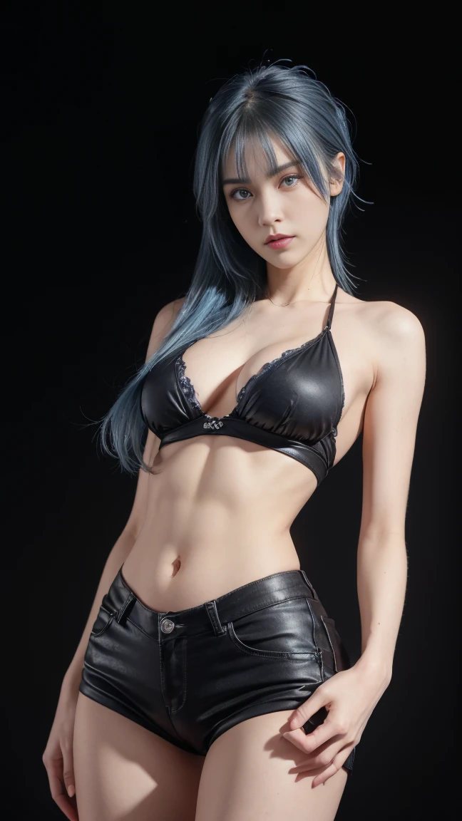 8K, Top Quality, Intricate Details, Ultra Detail, Ultra High Resolution, Masterpiece, close up shot, (full body: 1.1), Slender, Smile, (Makeup: 0.4), ,(( blue hair, bangs, short hair, blue eyes, long hair)), (Fluffy Eyes: 1.21), (()), 1girl, solo, 1 girl, (()), close up shot, , ((tall)), (((fit body))), (((slim face))), sharp face, (( mini pants, hot pants, short pants, mini shirt, micro shirt,, cleavege, crotch)) ,(detailed face), sharp face, small lips, , ,(( )) ,, ,
((,no bra, braless )), , (( )), detailed face, detailed breast, large breast ,huge breast, detail nipples ,, Narrow Waist, Skinny, tall , 190 cm tall, Muscular, Navel, Exposed Abdomen, Pointed Chest,, Beautiful girl with accentuated slender abs: 1.4, Six Pack Abs: 1.4, , Perfect Body, detail legs, (( dark background)), black background,