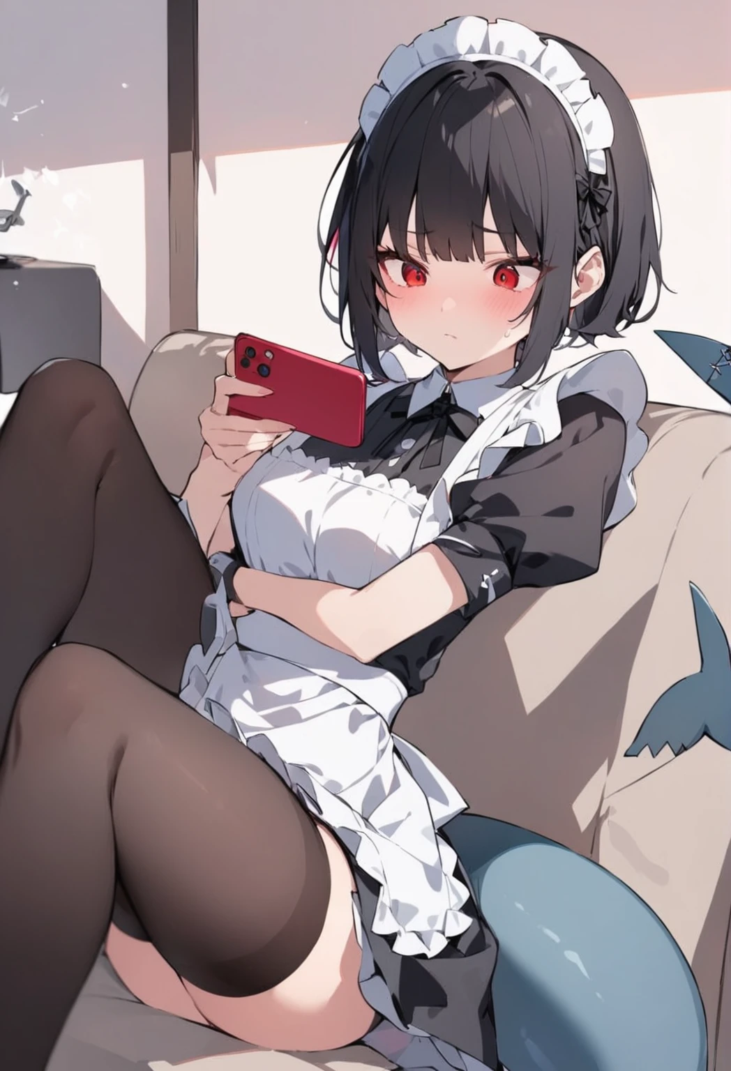 a red-eyed woman with short black hair, wearing a maid uniform, sitting on a living room sofa, holding a phone, cold expression, black stockings, shark tail