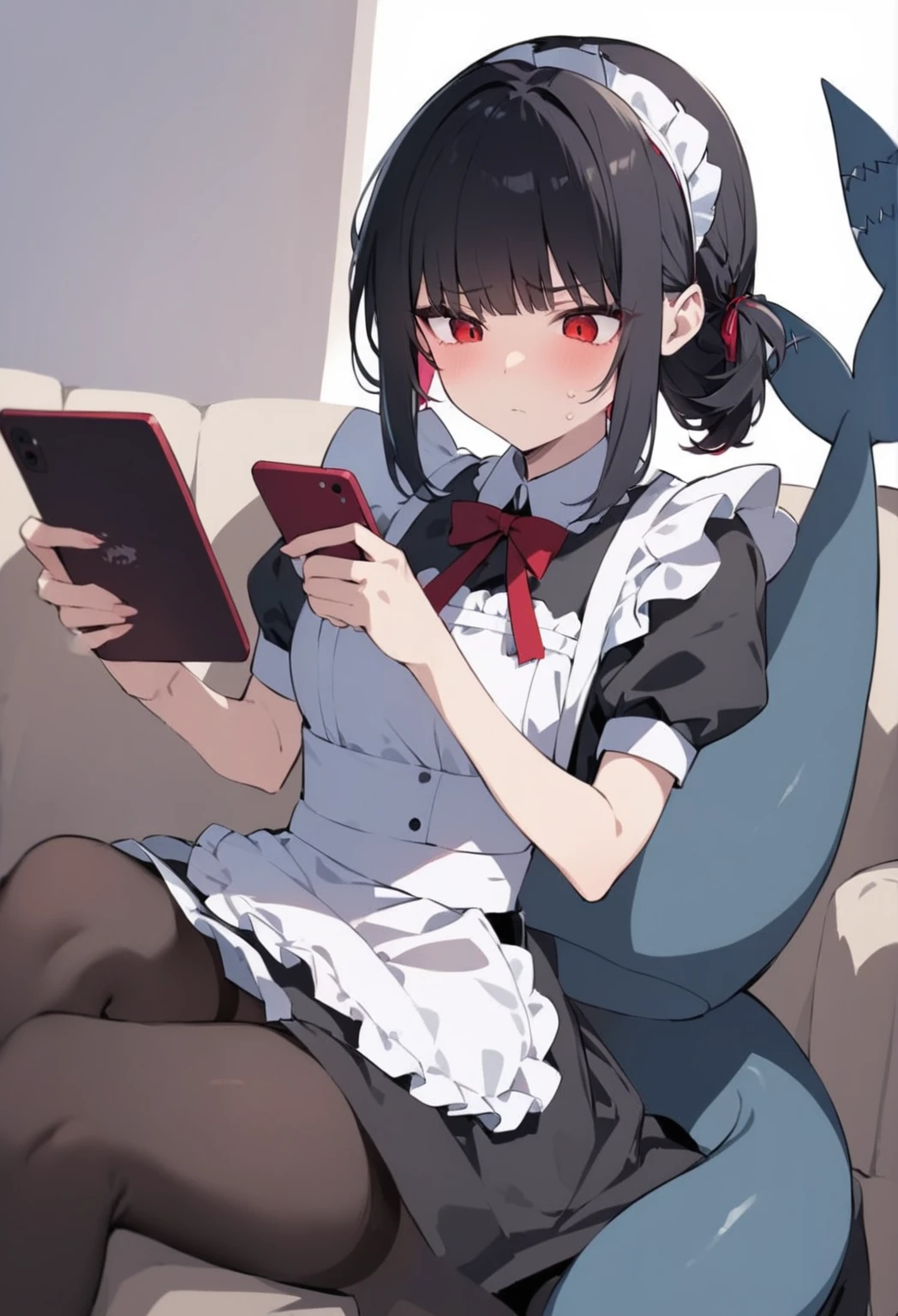 a red-eyed woman with short black hair, wearing a maid uniform, sitting on a living room sofa, holding a phone, cold expression, black stockings, shark tail