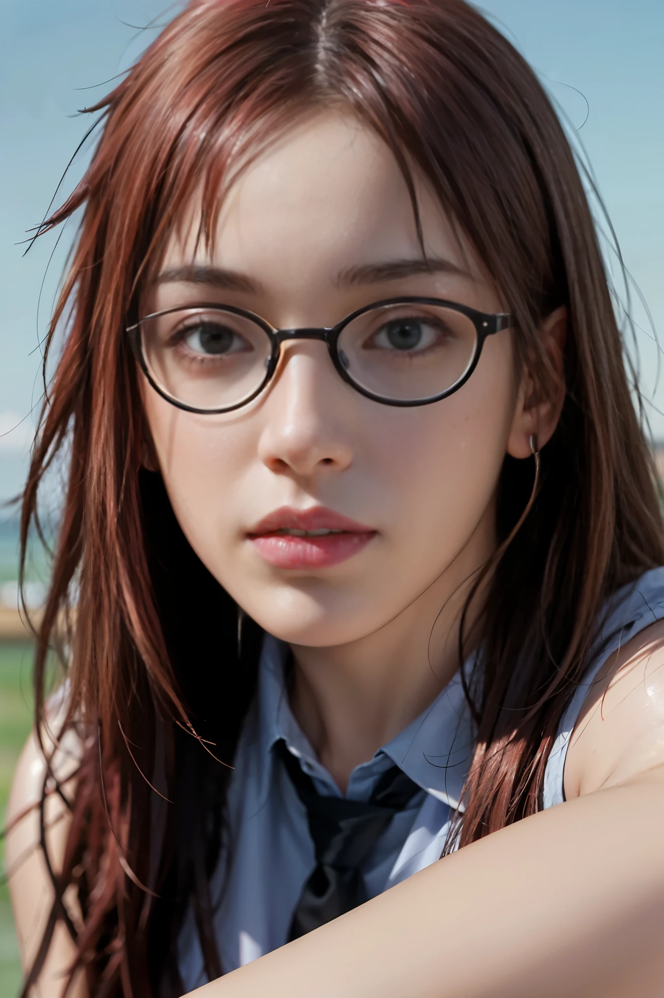 (((masterpiece, best quality, photo realistic))), (shiny skin), anatomically correct, delicated drawn hands and fingers, Cinematic lighting, physically-based rendering, award-winning, extremely detailed skin, extra detailed face, eyes with beautiful details, Carl Zeiss 85 mm F/1.4, BREAK, (1girl, solo), very cute -yeld giis wearing Japanese school uniforms, (glossy red hair, long hair, bangs, red eyes, glasses, medium breasts), white collared shirt, satin fabric red stripe necktie, looking for camera, no expression, standing, (ID photo), extreme close shot, face focus, view from forward, blue red background,