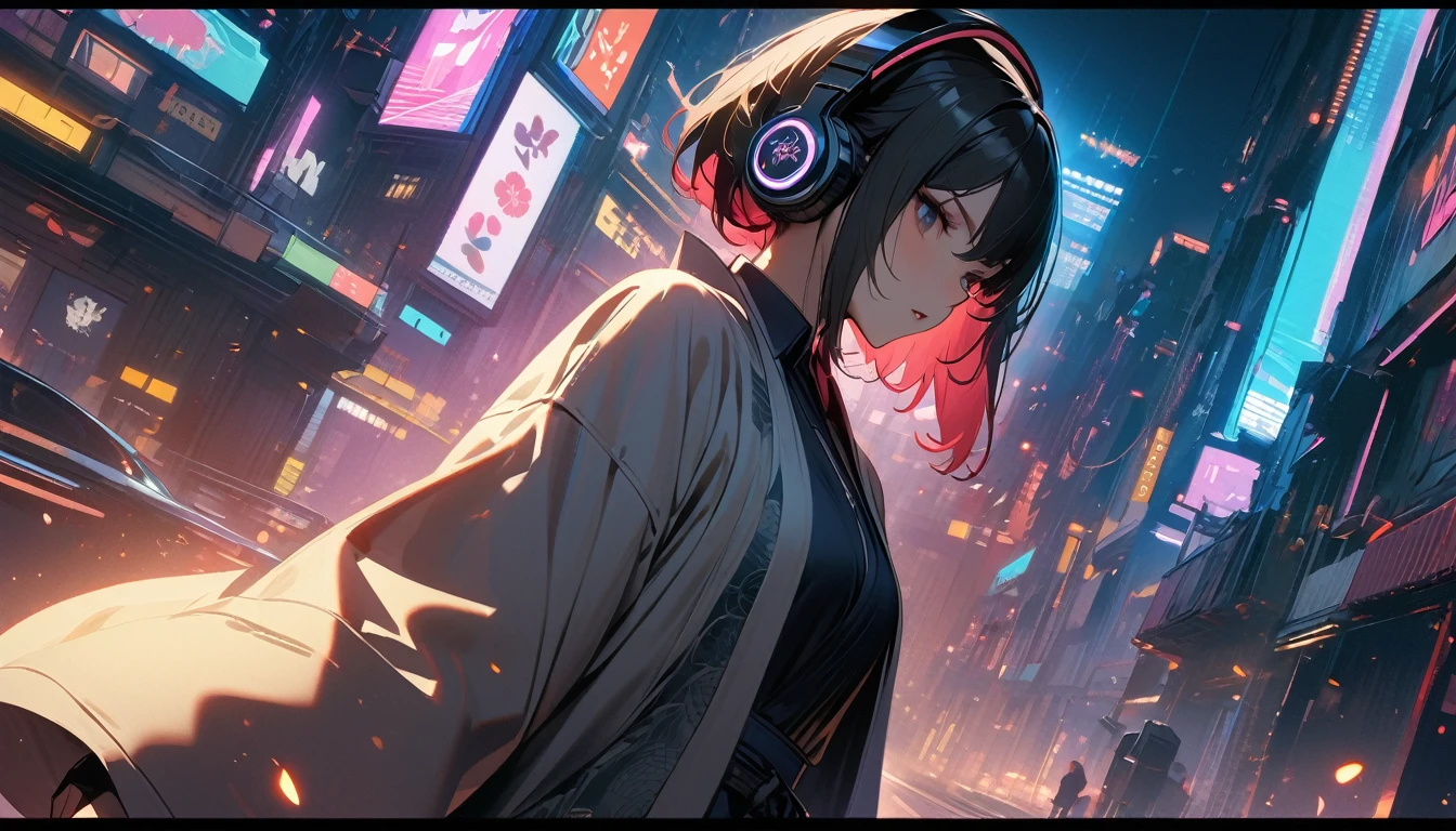 (((8K, Masterpiece, high resolution, highest quality, highest quality real texture skin))), ((wearing Japanese pattern headphones)), (((1 girl))), (((Japanese pattern haori))), (((Hold the sword in your right hand))), (((Cyberpunk City))), ((sunglasses)), (), (long black shiny hair, beige skin)
