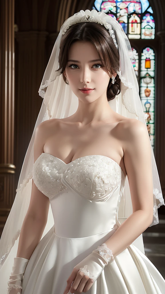 (masterpiece:1.2, Highest quality, Ultra-high resolution, Super detailed), (Realistic, photoRealistic:1.4), Beautiful illustrations, (Natural Side Lighting, Cinema Lighting), Depth of written boundary,
View your viewers, Bust photo, 1 Girl, 16 years old, Perfect Face, (Perfect Anatomy), Cute and symmetrical face, Baby Face, Shiny skin,
(Mid-length hair:1.5, Low Ponytail:1.5, Blonde), Hair between the eyes, blue eyes, Pink Lips, Long eyelashes, (Large Breasts:1.3),
Beautiful Hair, Beautiful Face, Beautiful attention to detail, Beautiful clavicle, Beautiful body, Beautiful breasts(F Cup), Beautiful thighs, Beautiful feet, Beautiful fingers,
Detailed cloth texture, wedding princess dress, Flower head, Head ornament, (Bandeau wedding dress:1.5), (Silk dress:1.2), (Strapless Wedding Dress:1.5),
plain white dress, necklace, Earrings, Cleavage, bouquet, (Lace gloves:1.2), (Bridal Veil:1.2),(Short transparent veil:1.2),
(Beautiful views), evening, Clear sunlight, (church, Stained glass) Are standing, (Smile, blush),