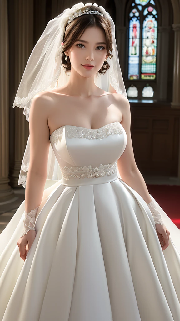 (masterpiece:1.2, Highest quality, Ultra-high resolution, Super detailed), (Realistic, photoRealistic:1.4), Beautiful illustrations, (Natural Side Lighting, Cinema Lighting), Depth of written boundary,
View your viewers, Bust photo, 1 Girl, , Perfect Face, (Perfect Anatomy), Cute and symmetrical face, Baby Face, S,
(Mid-length hair:1.5, Low Ponytail:1.5, Blonde), Hair between the eyes, blue eyes, Pink Lips, Long eyelashes, (Large Breasts:1.3),
Beautiful Hair, Beautiful Face, Beautiful attention to detail, Beautiful clavicle, Beautiful body, Beautiful breasts(F Cup), Beautiful thighs, Beautiful feet, Beautiful fingers,
Detailed cloth texture, wedding princess dress, Flower head, Head ornament, (Bandeau wedding dress:1.5), (Silk dress:1.2), (Strapless Wedding Dress:1.5),
plain white dress, necklace, Earrings, Cleavage, bouquet, (Lace gloves:1.2), (Bridal Veil:1.2),(Short transparent veil:1.2),
(Beautiful views), evening, Clear sunlight, (church, Stained glass) Are standing, (Smile, blush),