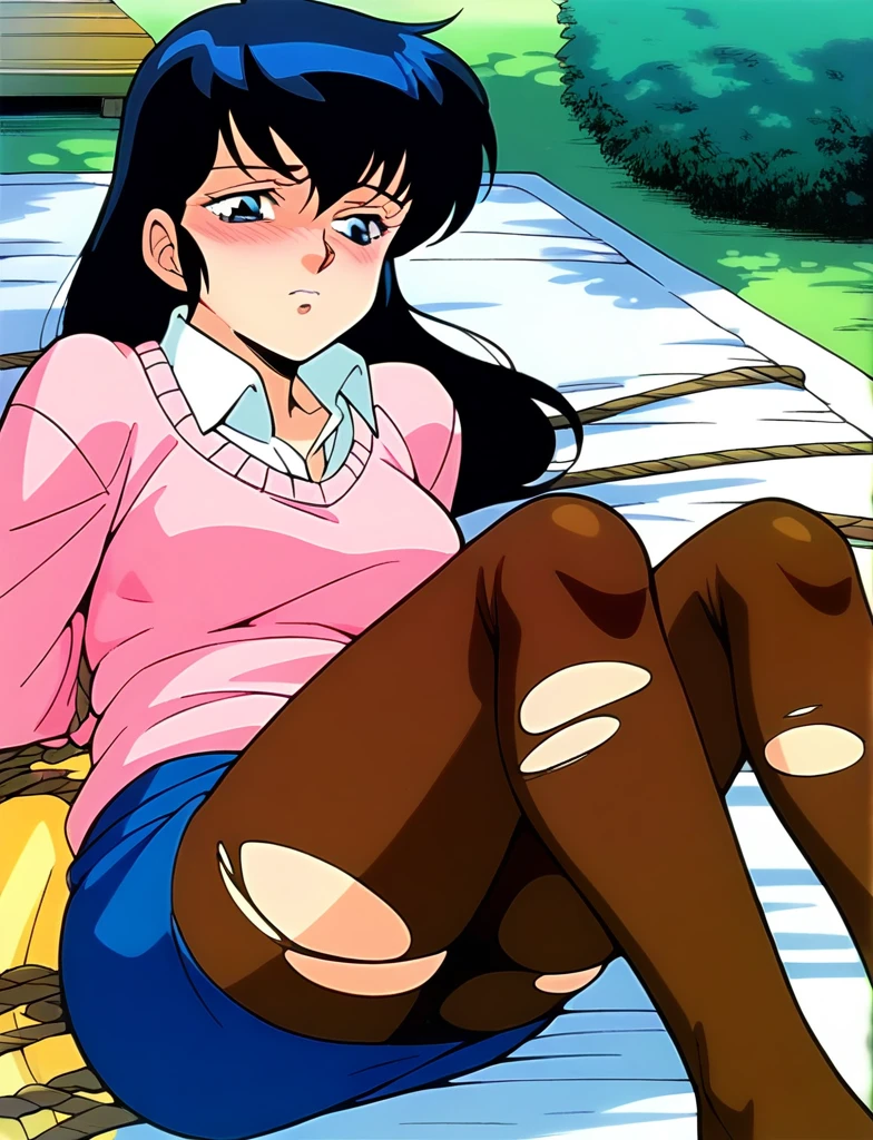 Kyoko,score_9,score_8_superior,score_7_superior,sauce_anime,One girl,alone,View your viewers,soaked,downpour,in the forest,Pink Sweater,White collared shirt,length_skirt,blue skirt,Spread your legs,Pantyhose exposed,Lying down,Sad face,:to be tied up、Bondage、Torn clothing、Rope digging into crotch、
