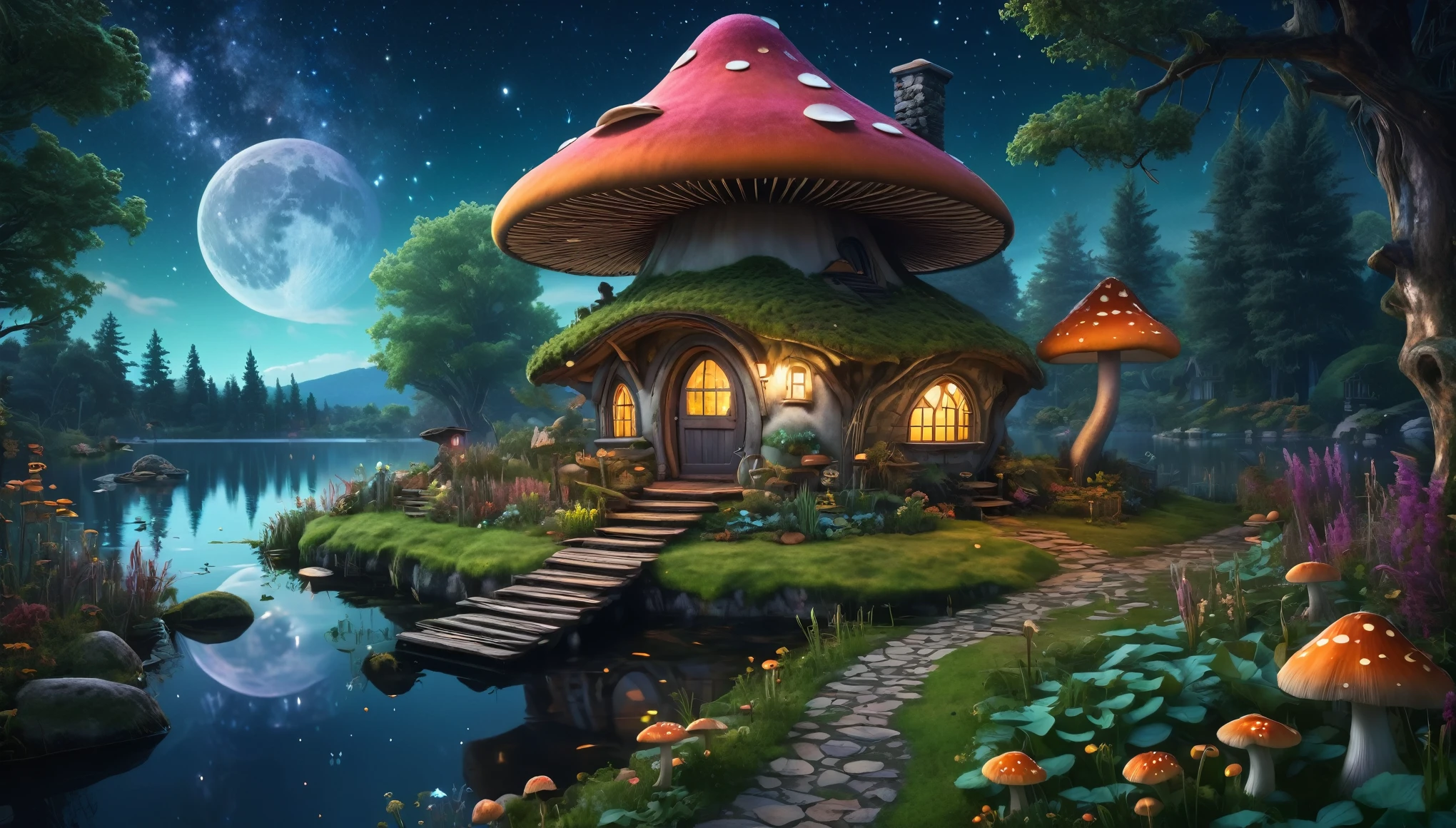Cozy witch cottage deep in the fantasy forest, beside a serene lake under a starry night sky. The cottage has a bouncing mushroom roof, and a giant, wonderfully well-tended vegetable garden. Style similar to Milipili. Surreal, 8K, bright colors, clear and sharp images.