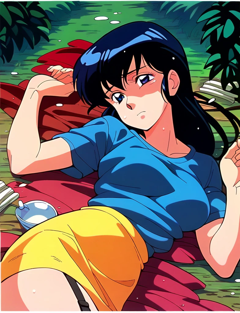 Kyoko,score_9,score_8_superior,score_7_superior,sauce_anime,One girl,alone,View your viewers,soaked,downpour,in the forest,black garter belt,Lying down,Sad face,:d,arms_behind_return,