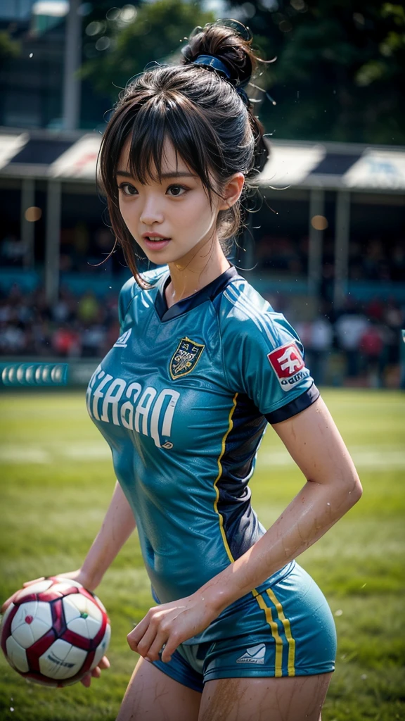 Highest quality, High resolution:1.2, Very detailed, Realistic:1.3, ((Beautiful woman))、((Super tight uniform))、((Big Breasts))、Vibrant colors, play soccer,((Blunt bangs))、Various Hair Styles、Different hair colors、With bangs、Wet Hair, concentrate, splash, Action Shots, Grass blotches, Muddy ground, Wet turf, decide, Fast-paced games, Athletic physique, Shiny soccer ball, Wet Uniform, raindrop, Blurred motion, ボールにconcentrateする, Intense competition, Skillful dribbling, Energetic play, Teamwork, powerful shoots, Wet pitch, Passionate sports, Fierce decide, Humid atmosphere, Fluid movement, emotional expression、Dramatic lighting, Women's Sports, Avid athletes, Exciting Games, Endure, Excited state, Speed and agility, Energetic play, 濡れたsplash、smile、Red Uniform