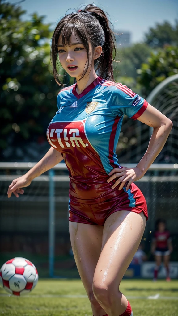 Highest quality, High resolution:1.2, Very detailed, Realistic:1.3, ((Beautiful woman))、((Super tight uniform))、((Big Breasts))、Vibrant colors, play soccer,((Blunt bangs))、Various Hair Styles、Different hair colors、With bangs、Wet Hair, concentrate, splash, Action Shots, Grass blotches, Muddy ground, Wet turf, decide, Fast-paced games, Athletic physique, Shiny soccer ball, Wet Uniform, raindrop, Blurred motion, ボールにconcentrateする, Intense competition, Skillful dribbling, Energetic play, Teamwork, powerful shoots, Wet pitch, Passionate sports, Fierce decide, Humid atmosphere, Fluid movement, emotional expression、Dramatic lighting, Women's Sports, Avid athletes, Exciting Games, Endure, Excited state, Speed and agility, Energetic play, 濡れたsplash、smile、Red Uniform