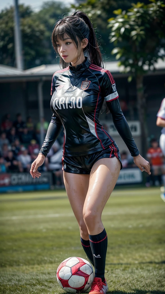 Highest quality, High resolution:1.2, Very detailed, Realistic:1.3, ((Beautiful woman))、((Super tight uniform))、((Big Breasts))、Vibrant colors, play soccer,((Blunt bangs))、Various Hair Styles、Different hair colors、With bangs、Wet Hair, concentrate, splash, Action Shots, Grass blotches, Muddy ground, Wet turf, decide, Fast-paced games, Athletic physique, Shiny soccer ball, Wet Uniform, raindrop, Blurred motion, ボールにconcentrateする, Intense competition, Skillful dribbling, Energetic play, Teamwork, powerful shoots, Wet pitch, Passionate sports, Fierce decide, Humid atmosphere, Fluid movement, emotional expression、Dramatic lighting, Women's Sports, Avid athletes, Exciting Games, Endure, Excited state, Speed and agility, Energetic play, 濡れたsplash、smile、Red Uniform