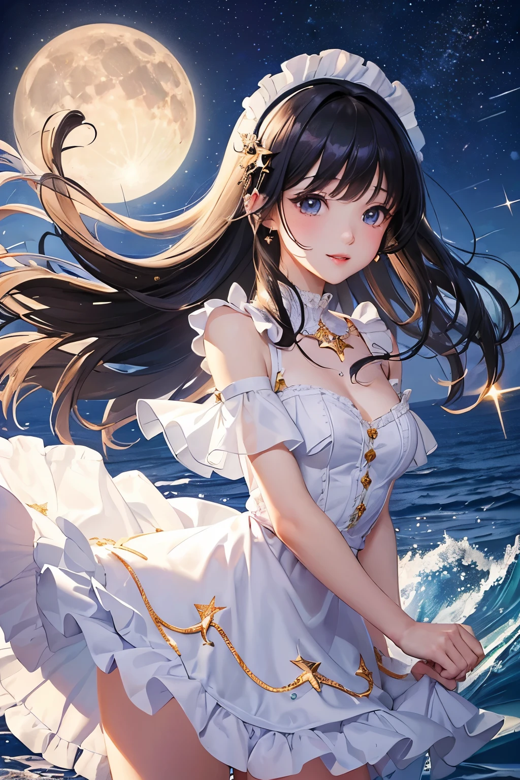 (Highest quality、Highest quality、Masterpiece、Very delicate、Very detailed、Exquisite、16K、Full HD)、1 female、(Pink Shiny Gothic ta Mini Skirt Dress、Décolleté dress、Golden embroidery、Silver embroidery、Frill mini skirt dress、Skirt in the wind、White frills)、Perfect body line、Glowing Skin、(Groomed eyebrows、Pink Lips、Blue Eyes、Detailed eyes、A cheerful look、Mole under the mouth)、(Black Hair、Medium Hair、Shoulder-length hair、Shiny Hair)、Dynamic Pose、Dramatic lighting、(star、moon、water、star空、Ocean)