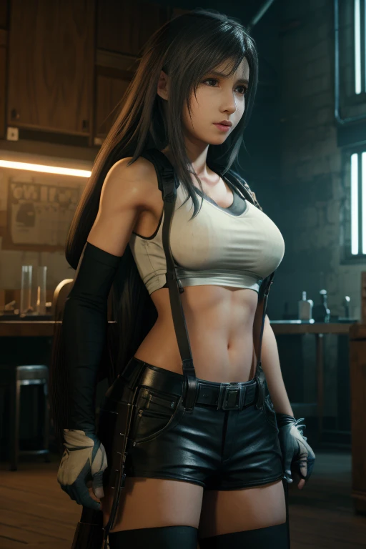 Tifa Lockhart in work clothes as a mechanic in a laboratory with test tubes art fantasy middle ages