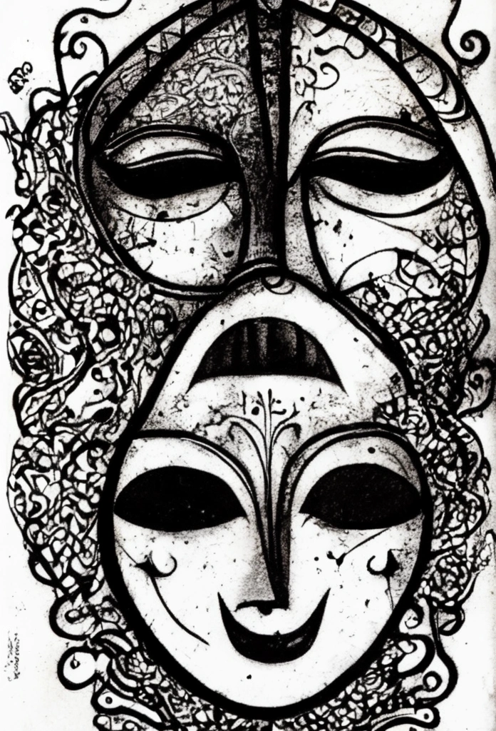 The left side of the face is smiling and the right side of the face is sad, closed eyes covered in blood, abstract, dark side.