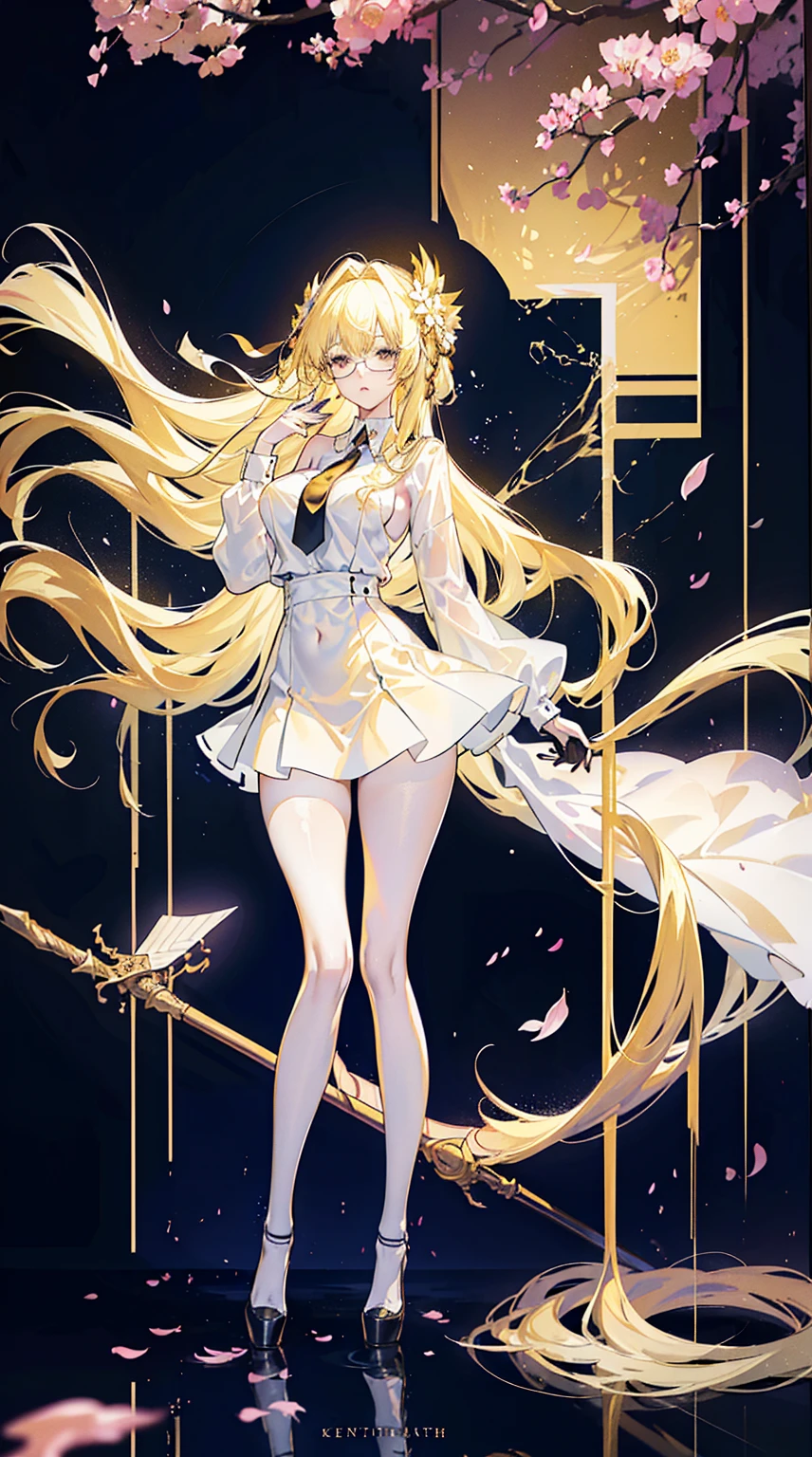 Young and beautiful Kathryn Newton, Glasses, White dress shirt, great neckline, Black Mini Dress, Dark pantyhose, High balance, Surreal, 14 years old, (((Model figure, Large Breasts, Beautiful breasts, Big Ass, Long hair, Random Hairstyle, Blonde hair, Long legs))), Cherry blossoms, Anime style, sad