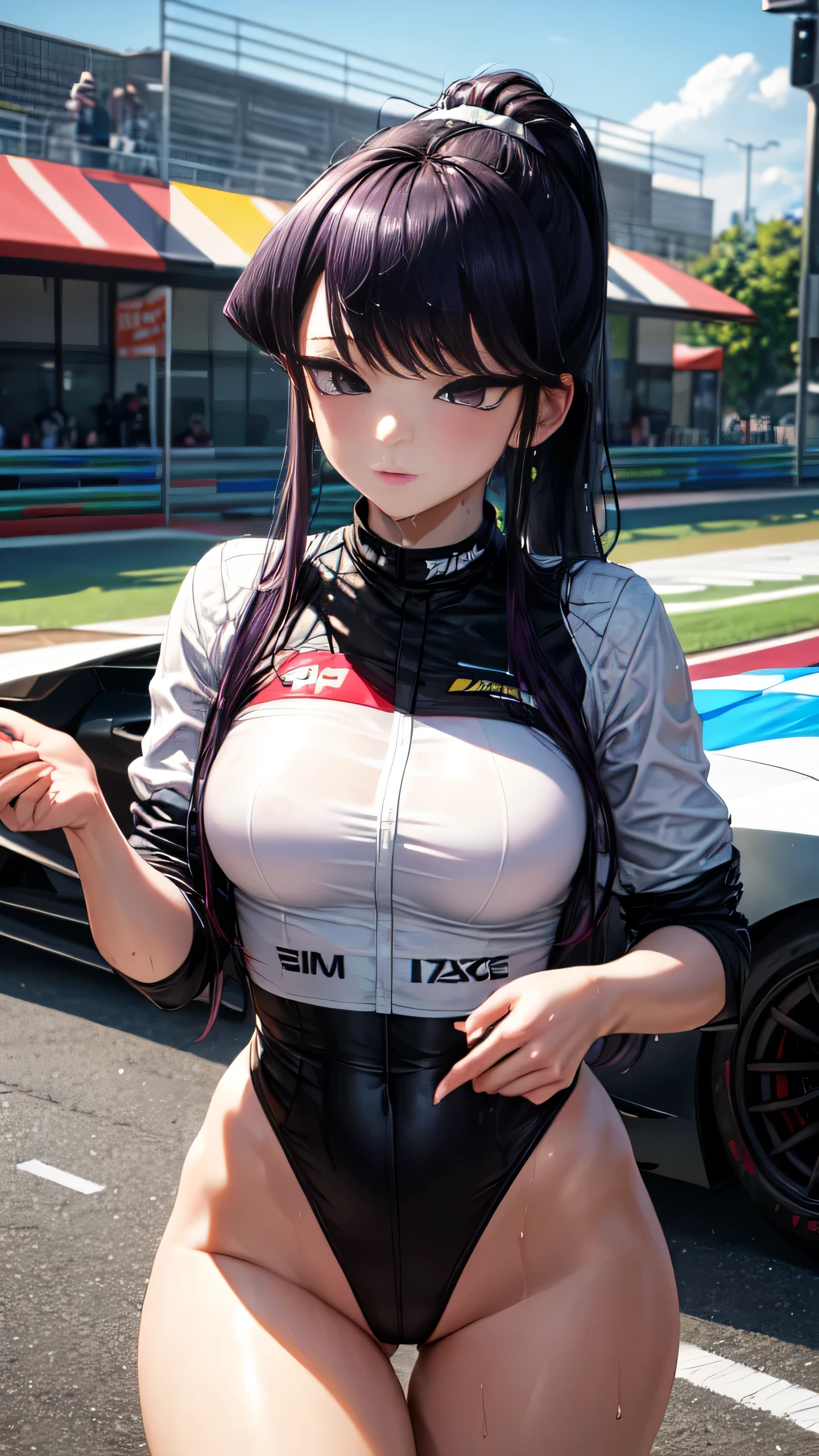 ((perfect hands)), ((perfect anatomy)), ((komi_shouko)), purple hair, ponytail, purple eyes, large breast, wet body, race queen, street race circuit, sit on a race sport car, enamel, sigh