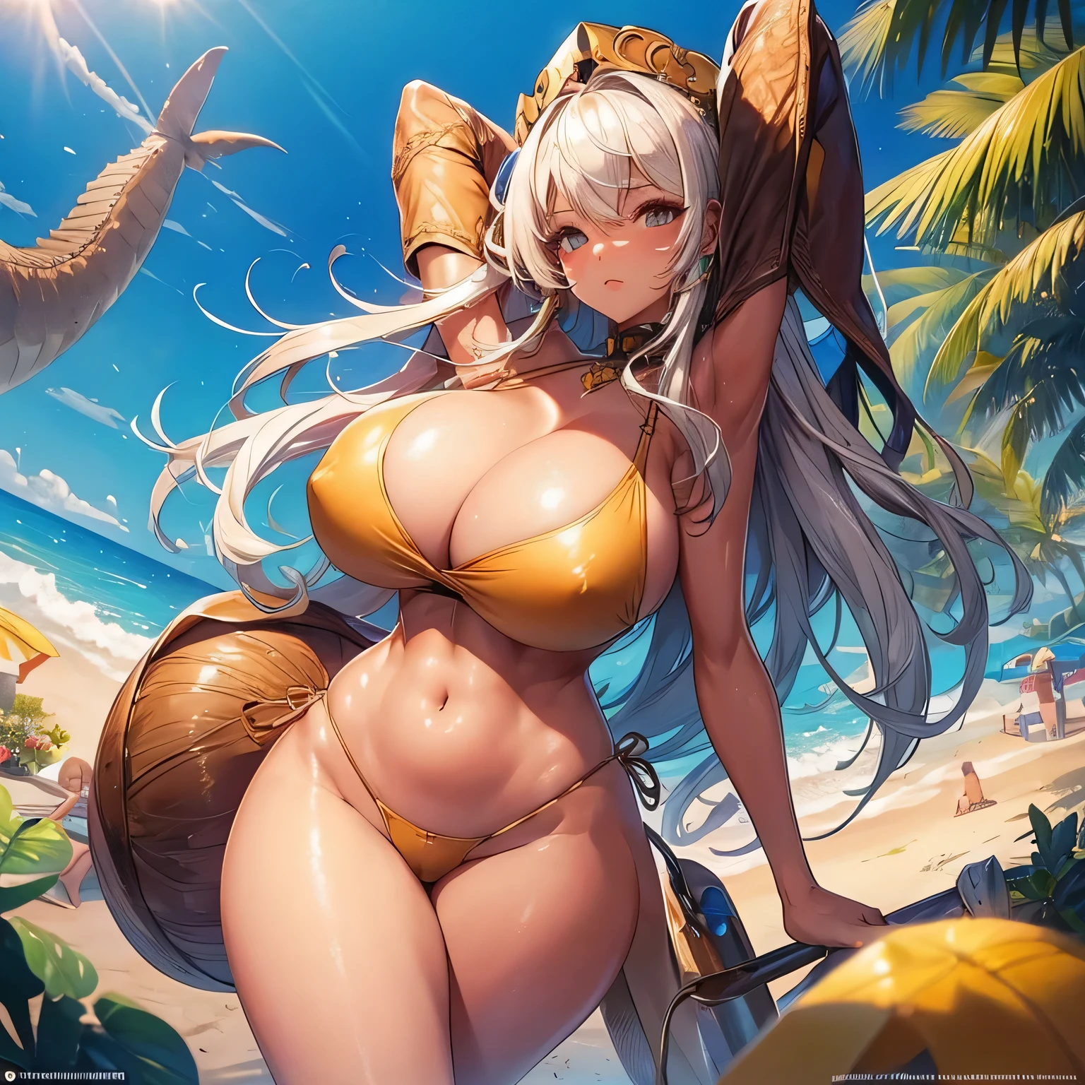 Huge big breasts, Tight Kini Swimsuit,Tighten your abdominal muscles,Hold your head high,bent at the waist,Camel Shame,At the beach over there