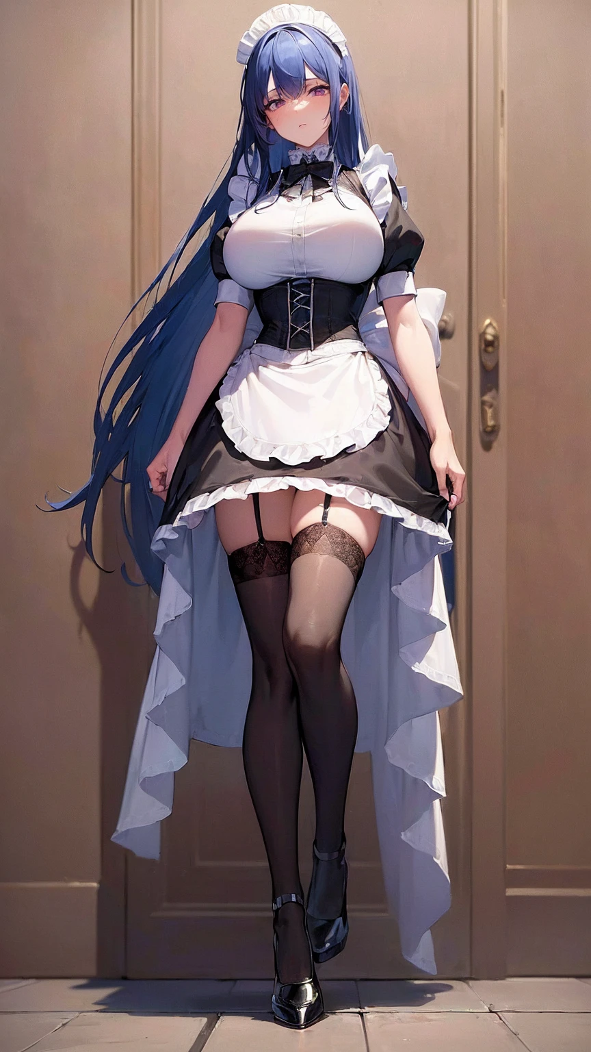 8k, (best quality, masterpiece:1.7), (full body:1.5), (huge breasts:1.2), very long hair, white thighhighs, high heels, (maid dress:1.4), corset, garter belts, blue hair, tall girl,