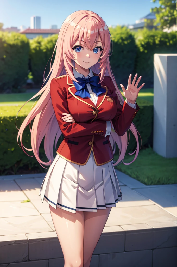 (masterpiece:1.3), (best quality:1.1), (8k, ultra detailed, ultra high res:1.2), ((anime style)), perfect 5 fingers, perfect anatomy, 
1girl,
Ichinose honami \(youjitsu\),
long hair, 
pink hair, 
blue eyes, round eyes, tareme, 
blue bow, 
large breasts, 
red jacket, long sleeves, white skirt, pleated skirt, black calf socks, 
looking at viewer, 
cowboy shot, (waving:1.1),
(smile:1.1), 
BREAK standing, perfect light, (detailed background:1.1), outside, outdoors, public,  