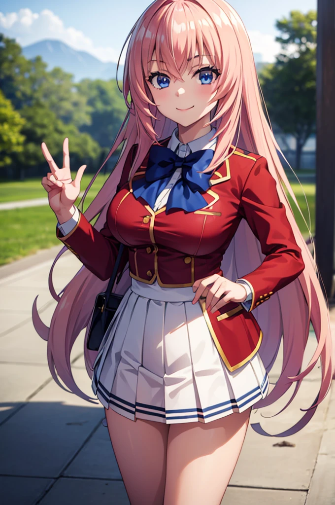 (masterpiece:1.3), (best quality:1.1), (8k, ultra detailed, ultra high res:1.2), ((anime style)), perfect 5 fingers, perfect anatomy,
1girl,
Ichinose honami \(youjitsu\),
long hair,
pink hair,
blue eyes, round eyes, tareme,
blue bow,
large breasts,
red jacket, long sleeves, white skirt, pleated skirt, black calf socks,
looking at viewer,
cowboy shot, (waving:1.1),
(smile:1.1),
BREAK standing, perfect light, (detailed background:1.1), outside, outdoors, public,