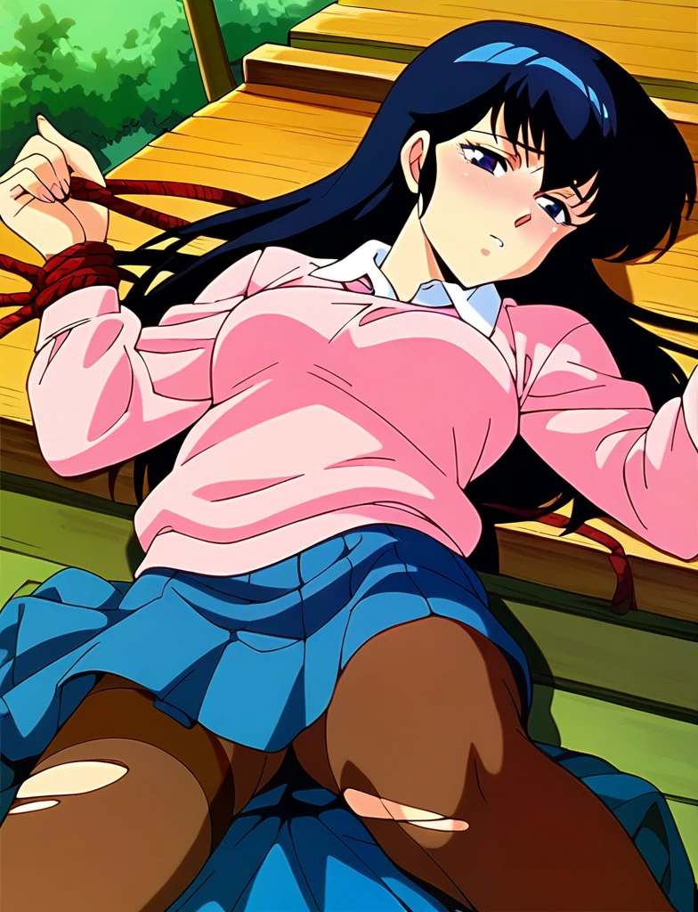 Kyoko,score_9,score_8_superior,score_7_superior,sauce_anime,One girl,alone,View your viewers,soaked,downpour,in the forest,Pink Sweater,White collared shirt,length_skirt,blue skirt,Spread your legs,Pantyhose exposed,Lying down,Sad face,:to be tied up、Bondage、Torn clothing、Rope digging into crotch、
