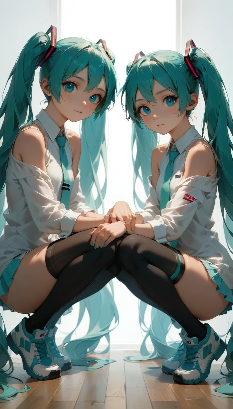 RAW Photos、Blue-green hair,Dual Horsetail,sexy,Adorable,Small eyes、Expressionless,Squat,Twin tails、hatsune miku、Official Art,unity 8k wallpaper,Very detailed,Beautiful works,Highest quality,Realistic,Photo level、Highest quality、Best image quality、masterpiece、