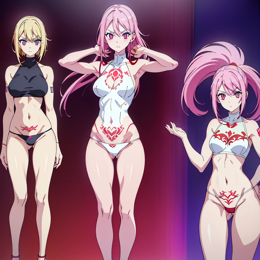 image of a beautiful woman [ whole body ] posing, ((slim, White skin, güero hair with pink platinum, colored eyes, medium breasts 38,c standing round buttocks giving a doll, with red and white garters and a transparent red thong that shows her tattoos on her right arm. HD,4K ultra detailed