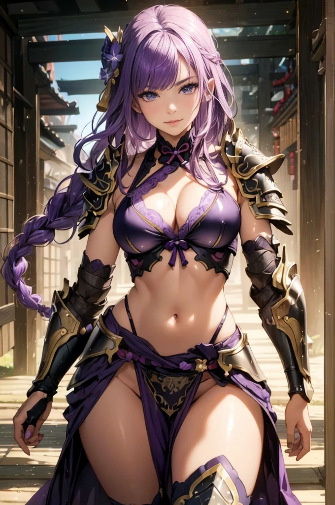 ((1girl, solo)), beautiful body, (perfect anatomy, perfect body, perfect hands, perfect legs), natural proportions, sexy body, large breasts, ((full body, full body front)) BREAK
((extremely detailed face)), (beautiful detailed eyes:1.6), (realistic pupils, realistic iris:1), expressive eyes, looking at viewer, (clear eyes:1.3), (hyperrealistic:1.2), (detailed skin texture:1.2), smooth skin, raiden shogun, (purple hair:1.5), (purple eyes), long hair, very long hair, braid, ((braided ponytail)), bangs, parted bangs, hair ornament, hair tie, ((mature female)), ((little smile)), (detailed lips:1.2), (attractive lips:1.1), (glossy lips:1.1), (parted lips), perfect face, perfect eyes BREAK
(revealing clothes:1.5), (bikini armor:1.5), (japanese armor:1.5), (samurai armor), detached sleeves, (groin:1.5), ((highleg panty straps)), ((pelvic curtain)), partially visible vulva BREAK
(masterpiece:1.5), anime-style, top quality, best quality, (beautiful and aesthetic:1.2), (ultra detail:1.5), Ultra-detailed depiction, Ultra-precise depiction, extremely detailed 8k illustration, high resolution, (highly detailed shading:1.2), (realistic lighting:1.4), perfect lighting, vibrant colors, dynamic tones, striking hues, 8k, absurd resolution, perfect shadows, hdr, UHD, ambient lighting, realistic, ultra-realistic, photo realistic, highly detailed, rich detail, luminous colors, fine texture, intricate design, professional illustration, (soft light:1.2), (illustration:0.7)