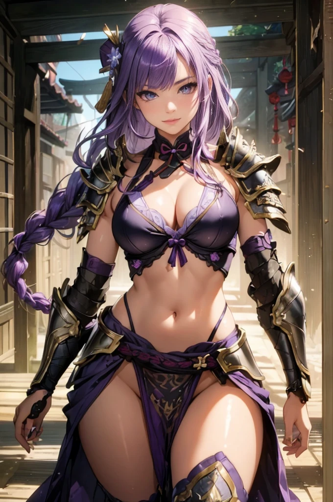 ((1girl, solo)), beautiful body, (perfect anatomy, perfect body, perfect hands, perfect legs), natural proportions, sexy body, large breasts, ((full body, full body front)) BREAK
((extremely detailed face)), (beautiful detailed eyes:1.6), (realistic pupils, realistic iris:1), expressive eyes, looking at viewer, (clear eyes:1.3), (hyperrealistic:1.2), (detailed skin texture:1.2), smooth skin, raiden shogun, (purple hair:1.5), (purple eyes), long hair, very long hair, braid, ((braided ponytail)), bangs, parted bangs, hair ornament, hair tie, ((mature female)), ((little smile)), (detailed lips:1.2), (attractive lips:1.1), (glossy lips:1.1), (parted lips), perfect face, perfect eyes BREAK
(revealing clothes:1.5), (bikini armor:1.5), (japanese armor:1.5), (samurai armor), detached sleeves, (groin:1.5), ((highleg panty straps)), ((pelvic curtain)), partially visible vulva BREAK
(masterpiece:1.5), anime-style, top quality, best quality, (beautiful and aesthetic:1.2), (ultra detail:1.5), Ultra-detailed depiction, Ultra-precise depiction, extremely detailed 8k illustration, high resolution, (highly detailed shading:1.2), (realistic lighting:1.4), perfect lighting, vibrant colors, dynamic tones, striking hues, 8k, absurd resolution, perfect shadows, hdr, UHD, ambient lighting, realistic, ultra-realistic, photo realistic, highly detailed, rich detail, luminous colors, fine texture, intricate design, professional illustration, (soft light:1.2), (illustration:0.7)
