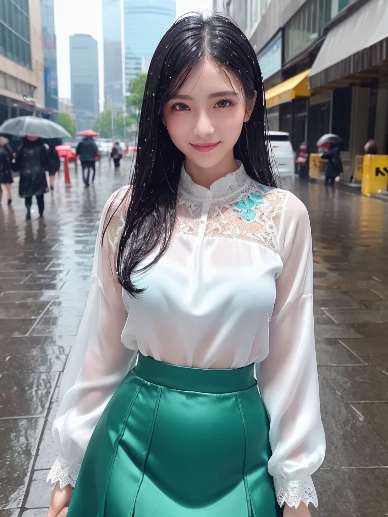 ((best quality, 8K, masterpiece: 1.3)),upper body,Black Hair, black eye,sharp focus: 1.2, beautiful woman with a perfect body: 1.4, ((Medium Hair, large: 1.2)), (small and beautiful hard (White long sleeve blouse with lace、Silk Tight dark turquoise long skirt), (wet from rain: 1.2), (rain, street: 1.2), wet body: 1.1, Highly detailed face and skin texture, detailed eyes, double eyelids, White skin,,E cup,smile,Financial district of the big city,Skyscraper,White skin,Wet Hair、Wet Skin、Wet clothes、smile、