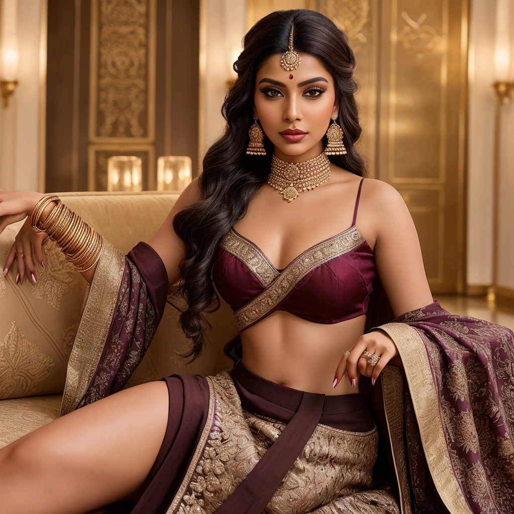 Create an ultra-realistic image of a modern, attractive female influencer of Indian descent, aged between 27 to 30. She should have a warm and inviting smile, expressive almond-shaped eyes with a slight shimmer, and clear, glowing skin with a medium brown complexion. Her features should be well-defined, with high cheekbones and a sharp jawline.
Her hair should be long, thick, and styled in a braided crown that wraps around her head like a halo, with a deep, reddish-purple hue (burgundy), giving a bold yet sophisticated look. She should have a slender yet athletic build, reflecting a healthy and active lifestyle, with a medium bust size (34-36 inches), offering a balanced and proportionate appearance.
She is wearing a designer saree or a contemporary lehenga, accessorized with luxurious and chic jewelry, such as small hoop earrings and a few thin bangles, highlighting her elegance and sophistication. The background should be a vibrant, urban setting featuring high-end hotel lobbies and suites, suggesting a lifestyle of luxury and relaxation.
Her overall appearance should exude confidence, approachability, and sophistication, capturing the essence of a contemporary Indian fashion influencer.