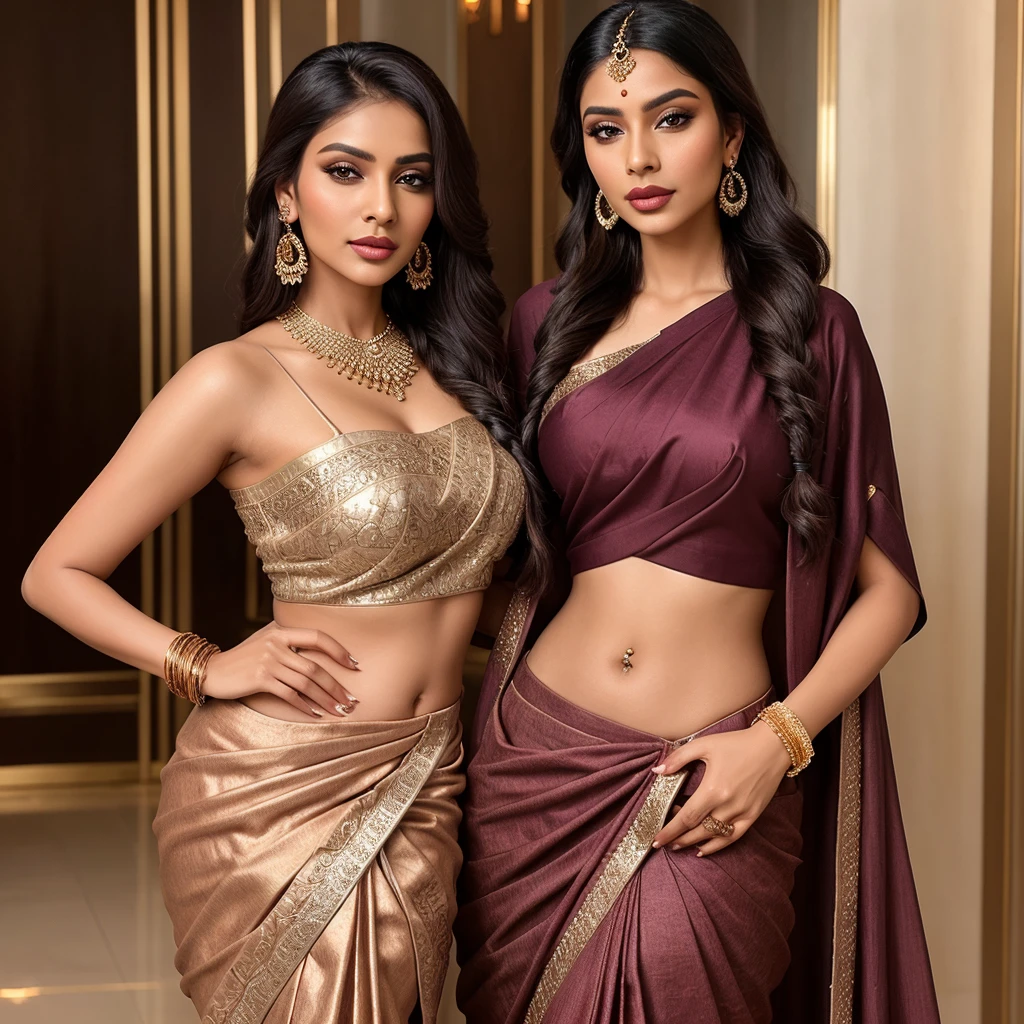 Create an ultra-realistic image of a modern, attractive female influencer of Indian descent, aged between 27 to 30. She should have a warm and inviting smile, expressive almond-shaped eyes with a slight shimmer, and clear, glowing skin with a medium brown complexion. Her features should be well-defined, with high cheekbones and a sharp jawline.

Her hair should be long, thick, and styled in a braided crown that wraps around her head like a halo, with a deep, reddish-purple hue (burgundy), giving a bold yet sophisticated look. She should have a slender yet athletic build, reflecting a healthy and active lifestyle, with a medium bust size (34-36 inches), offering a balanced and proportionate appearance.

She is wearing a designer saree or a contemporary lehenga, accessorized with luxurious and chic jewelry, such as small hoop earrings and a few thin bangles, highlighting her elegance and sophistication. The background should be a vibrant, urban setting featuring high-end hotel lobbies and suites, suggesting a lifestyle of luxury and relaxation.

Her overall appearance should exude confidence, approachability, and sophistication, capturing the essence of a contemporary Indian fashion influencer.