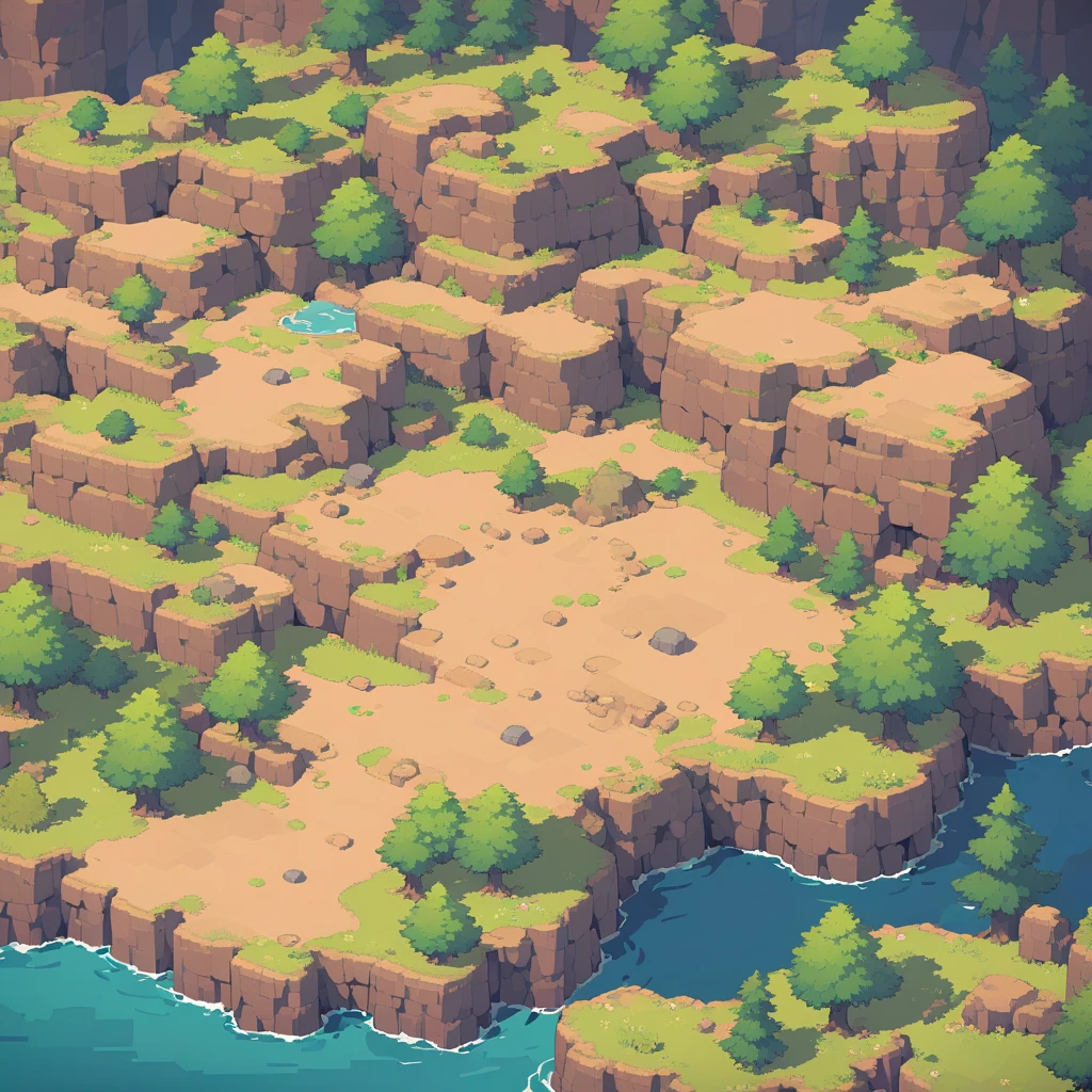 retro video game style,pixelated, vibrant pastel colors,8-bit characters,blocky shapes,sharp lines,detailed shading,classic gaming vibe,nostalgic atmosphere,classic arcade games,masterpiece:1.2,ultra-detailed,illustration style, 2d texture, stone texture, 4 k seamless mud texture, video game texture, dirt texture, tileset, game tiles, grass, 3/4th perspective trees, 3/4th perspective tileable rock texture, 3/4th perspective tileable cliff formations, tileable trees, topdown view, game texture, game art, tileable texture, very detailed cliff texture, intricate stones, top down view, 3/4th perspective
