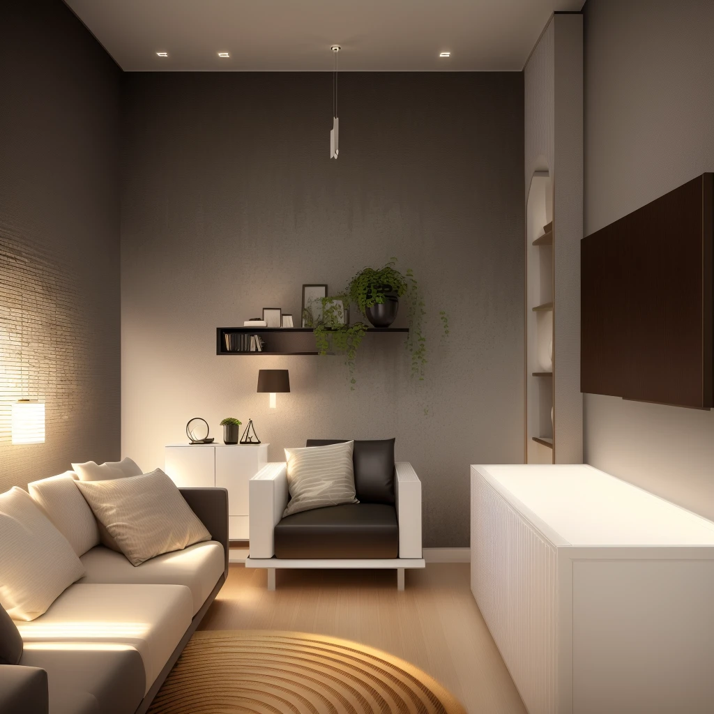 Design the living room interior space in [contemporary, luxurious style], use wood, white, ceiling lights, use indoor lighting, [decorate Add a tea table in front of the sofa, a table made of wood Modern, luxurious. Decorate the room with plants and decorate the walls with paintings]