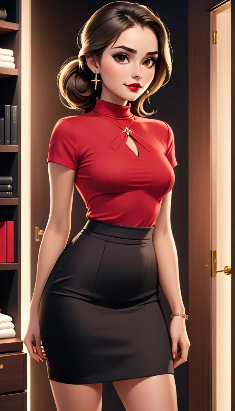 Beautiful woman with mid straight ponytail brown hair with brown eyes wearing Black Tight Skirt, Red Sexy Mock Neck Short Sleeves Blouse,18k gold wedding ring on left hand, standing with cross-legged in her closet at night, (caucasian skin), (light brown lipstick), (elegant mascara), (slim body), (small breasts), (wide hips), midjourney, <lora:GoodHands-, <lora:GoodLegs-, UHD, high resolution, (expressive eyes, perfect face, full body, expressive face, perfect body, perfect pussy, athletic, fit, slim body, blushing, Perfect makeup, eyeliner, beautiful eyelashes, smiling, horny face), ((best illumination, best shadows)), ((sexy pose))