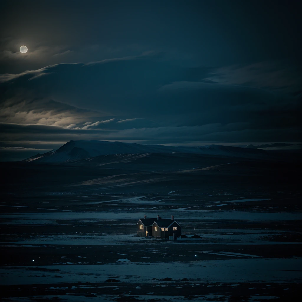 surreal Arctic desolation dim lights, spooky, 2 houses far away