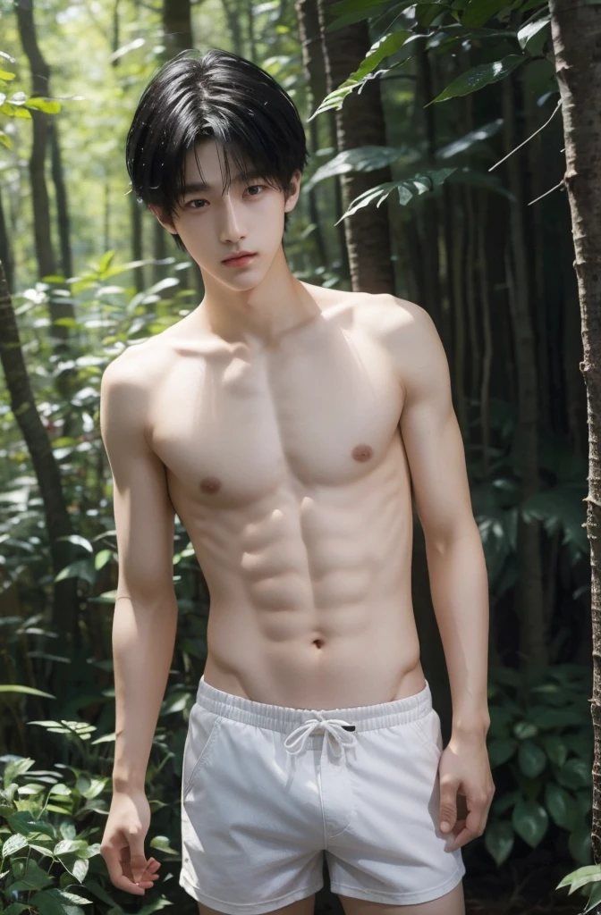 18-year-old boy, Upper body naked, Shorts ,Smooth Skin,Forest,  Black Hair,   Thin、Beautiful Boy、Japanese、Dark Eyes、whole body