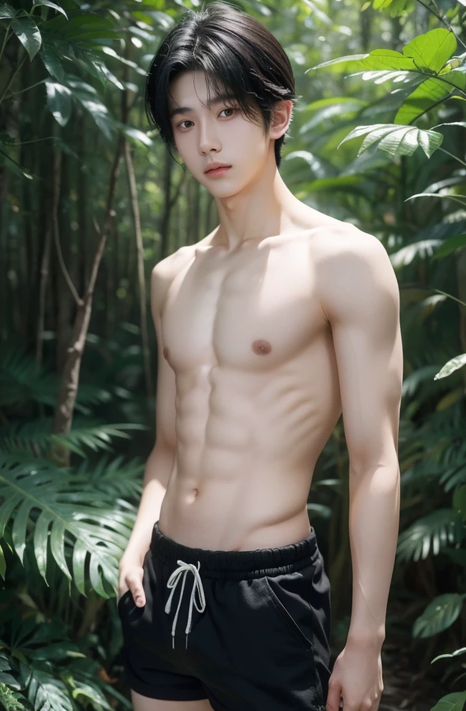 18-year-old boy, Upper body naked, Shorts ,Smooth Skin,Forest,  Black Hair,   Thin、Beautiful Boy、Japanese、Dark Eyes、whole body