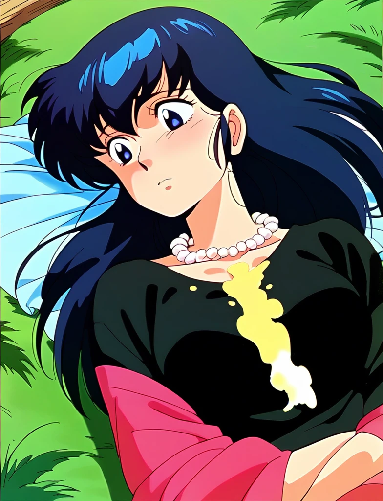 kyoko,score_9,score_8_upper,score_7_upper,sauce_アニメ,One girl,alone,View your viewers,soaked,downpour,in the forest,Black garter belt,Lying down,Sad face,:d,arms_behind_return,black mourning clothes、Pearl Necklace、