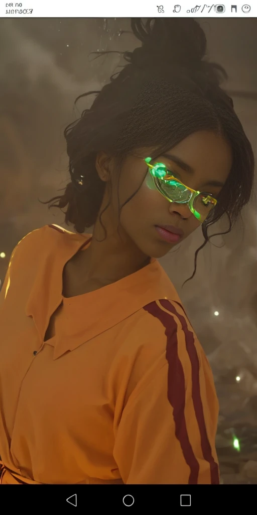 A captivating photo of a black woman, adorned with African-inspired brands glowing in the neon lights, Water cascades from your body. She wears vibrant African designed clothes, adorned with intricate beads, and her hair is styled in the traditional Eembuvi style. The background explodes with energy, illuminated by neon lights that reflect crystals exploding in radiant shades of green and pink. This highly realistic image shows the woman&#39;s very detailed facial features, with realistic textures that enhance the depth and dimension of your features. The cinematic scene is further emphasized through a