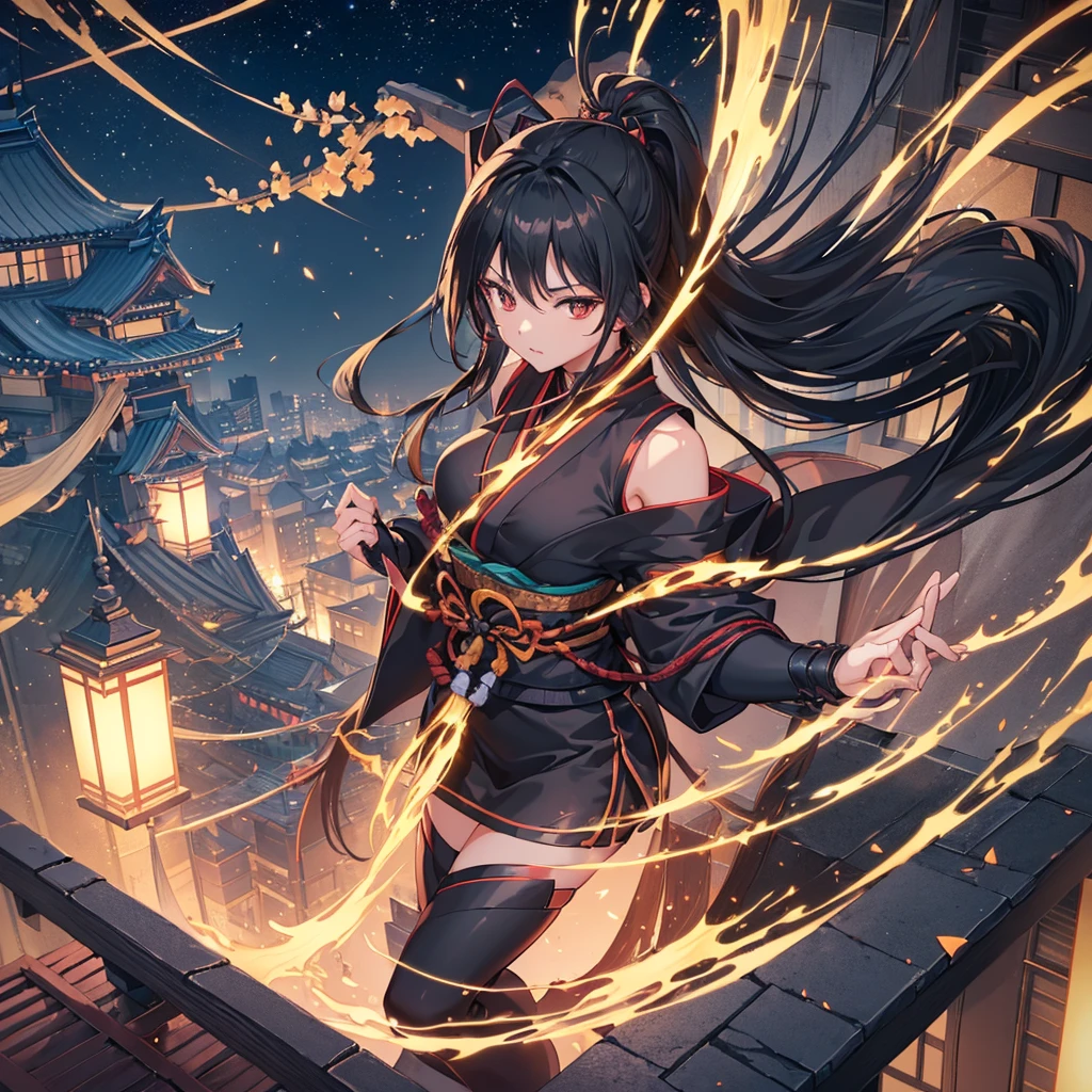 ((blackい髪　Long Hair　black　Kunoichi))　((night　Overlooking the city　Japanese style　old))　(Dance　short sword　Shuriken)　moon　star　Jump　Aerial, eyes res,