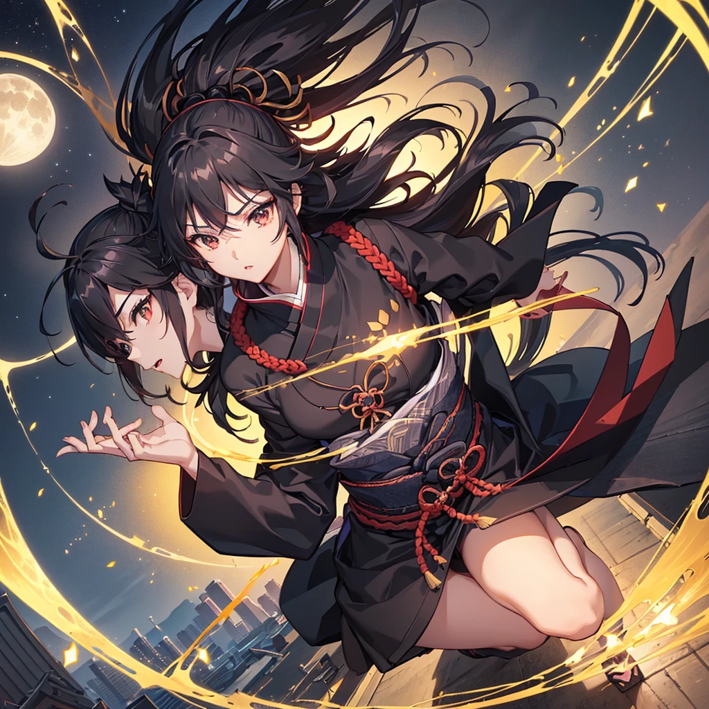 ((blackい髪 Long Hair black Kunoichi)) ((night Overlooking the city Japanese style old)) (Dance short sword Shuriken) moon star Jump Aerial, eyes res,