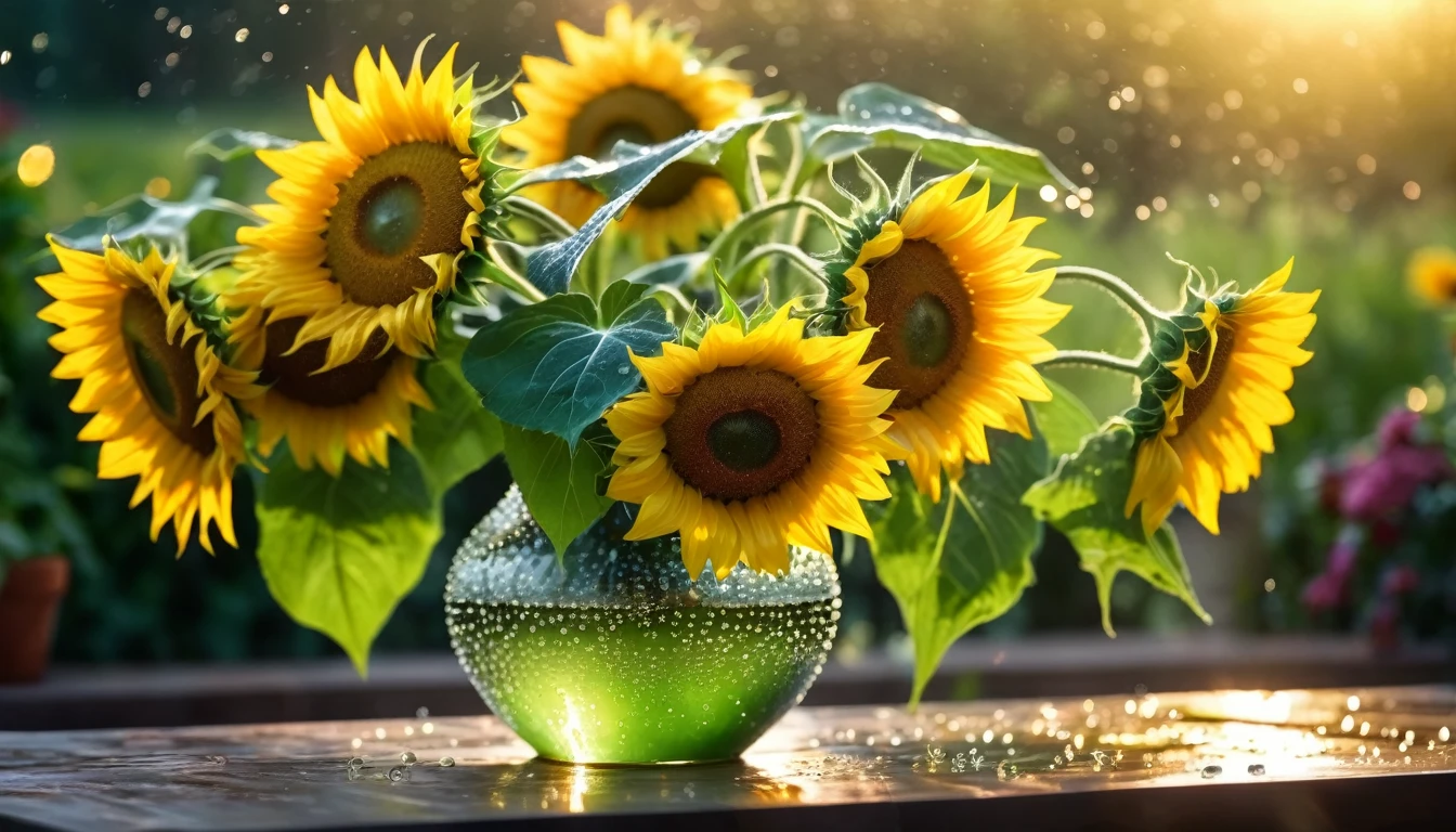luxurious sunflowers in the vase, dew, bokeh ,garden in the background, cinematic light, realistic photo, 8k
