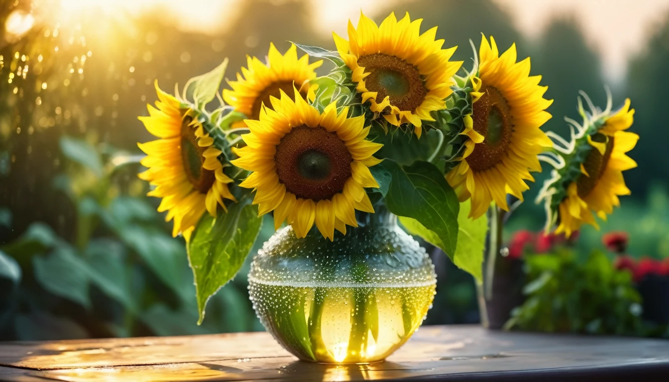 luxurious sunflowers  in the vase, dew, bokeh ,garden in the background, cinematic light, realistic photo, 8k