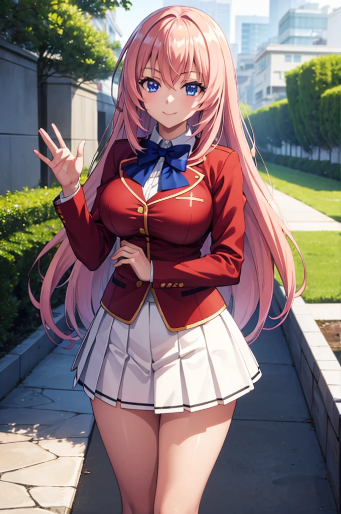 (masterpiece:1.3), (best quality:1.1), (8k, ultra detailed, ultra high res:1.2), ((anime style)), perfect 5 fingers, perfect anatomy, 
1girl,
Ichinose honami \(youjitsu\),
long hair, 
pink hair, 
blue eyes, round eyes, tareme, 
blue bow, 
large breasts, 
red jacket, long sleeves, white skirt, pleated skirt, black calf socks, 
looking at viewer, 
cowboy shot, (waving:1.1),
(smile:1.1), 
BREAK standing, perfect light, outside, outdoors, public,  