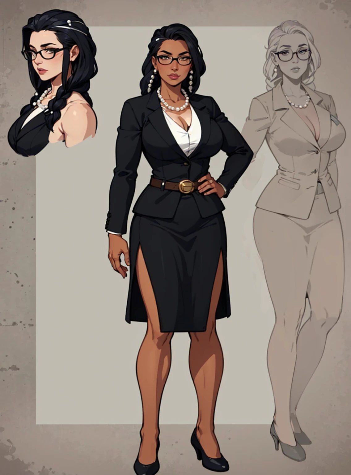 digital art, highly detailed, reference sheet, standing pose, feminine features, mature woman, adult female, whole body, form-fitting, old woman, slight wrinkles, glasses, dark skin, neckline, pearl necklace, grey streaks, slicked braid, full lips, full-figured, standing, ash dress suit, pin-stripe, buttoned blazer, wide skirt, belt on hip, hand behind hip, shoes, 1woman, solo, upper body, lower body, ((Extremely Detailed)), ((Best Quality)), ((Masterpiece)), ((4k)).
