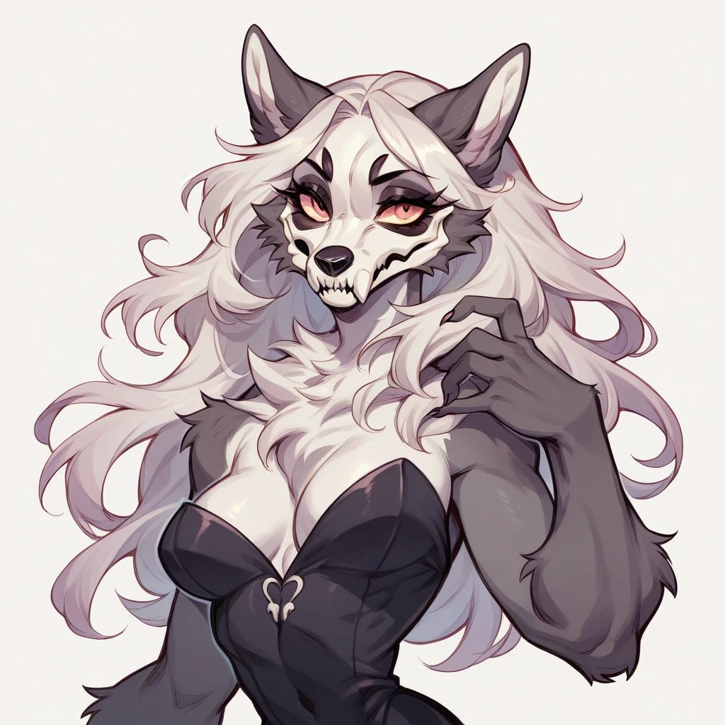 Woman Skeleton Anthropomorphic wolf skeleton, furry, wolf skull, bones,
All body, thin body, medium Breasts. beautiful waist, , thin harms, feminine face, very beautiful, / beautiful hair, cute clothes, flat 2d drawing image, cute pose. White background