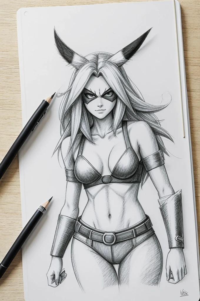 white paper background, draw sketches, hairy female, pokemon, DelphoxXL, zorro, fur skin, sketch in notebook, pencil
