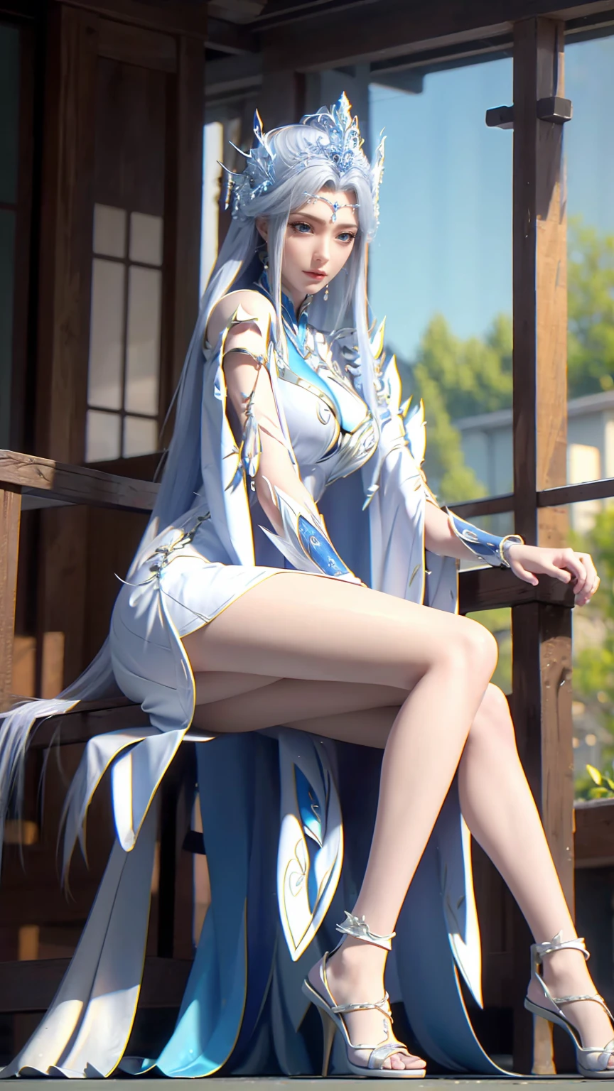 Arad woman in a dress sitting on a throne, cute anime waifu in a nice dress, trending on cgstation, 8K high quality detailed art, anime barbie in white, highly detailed exquisite fanart, Extremely detailed Artgerm, the anime girl is crouching, Flowing magic robe, Beautiful and attractive anime woman, WLOP 和 Sakimichan，Wet all over，Water Magic，Wet，（Silver long hair），（Blue Eyes），Gauze on body