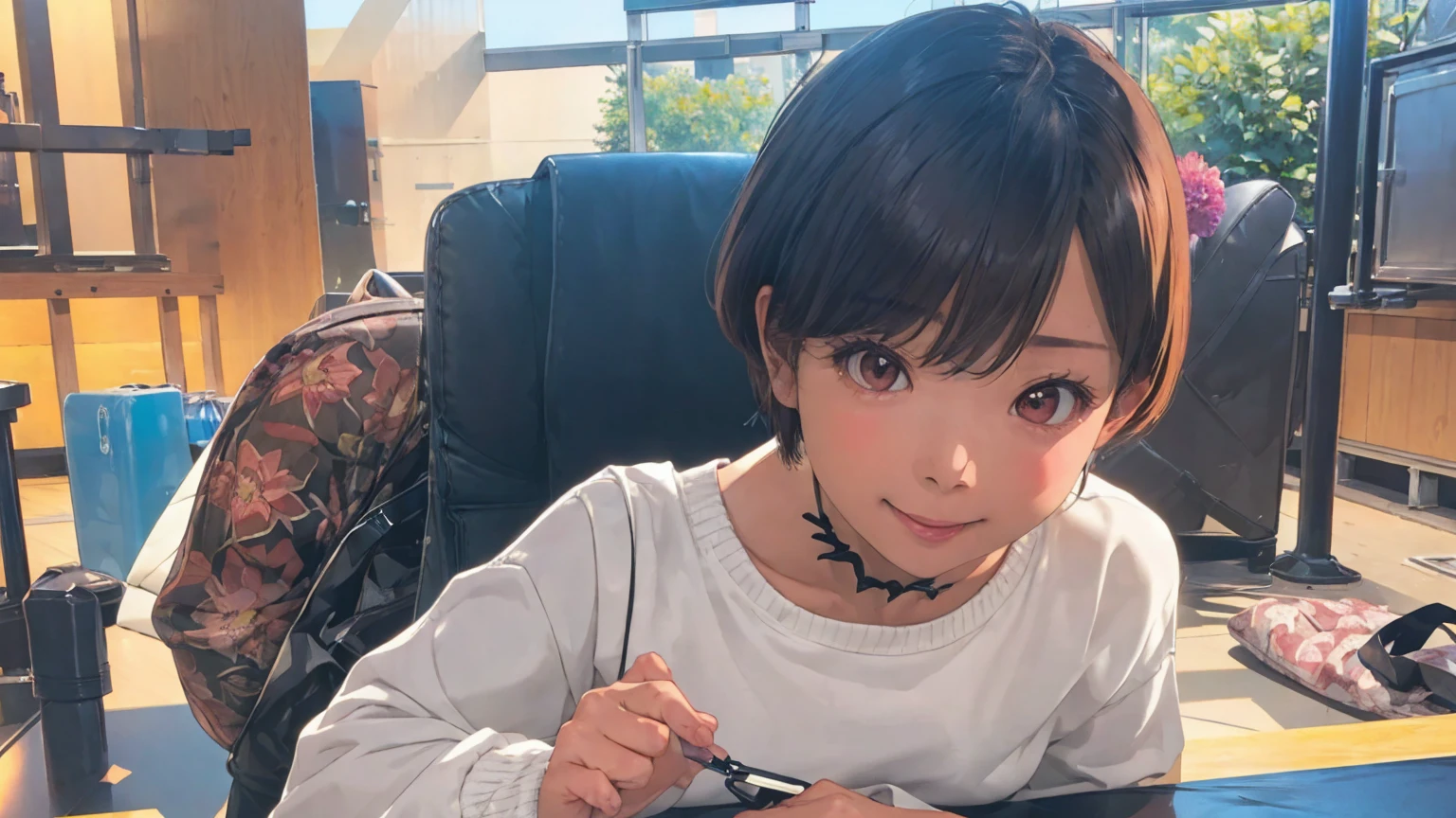 nsfw,((masterpiece, 最high quality, 超high quality, high quality, Very detailed,16K, Complex, Perfect Anatomy, Shiny skin, Cowboy Shot, Ray Tracing,Light hits the front of the body)),Three happy girls sitting in a row on chairs, Panty Shot,Take a full body photo、Have fun and laugh、She was wearing a short sweatshirt, Vans Sneakers,skirt、White sneakers, Black Hair, detached houses, Flowers,Happy girl with round face, Big eyes, Long eyelashes, Full-body display、Obscene pubic hair、大きくSpread your legsいる、Spread your legs、Angle from directly below、I can see her white lace panties、
